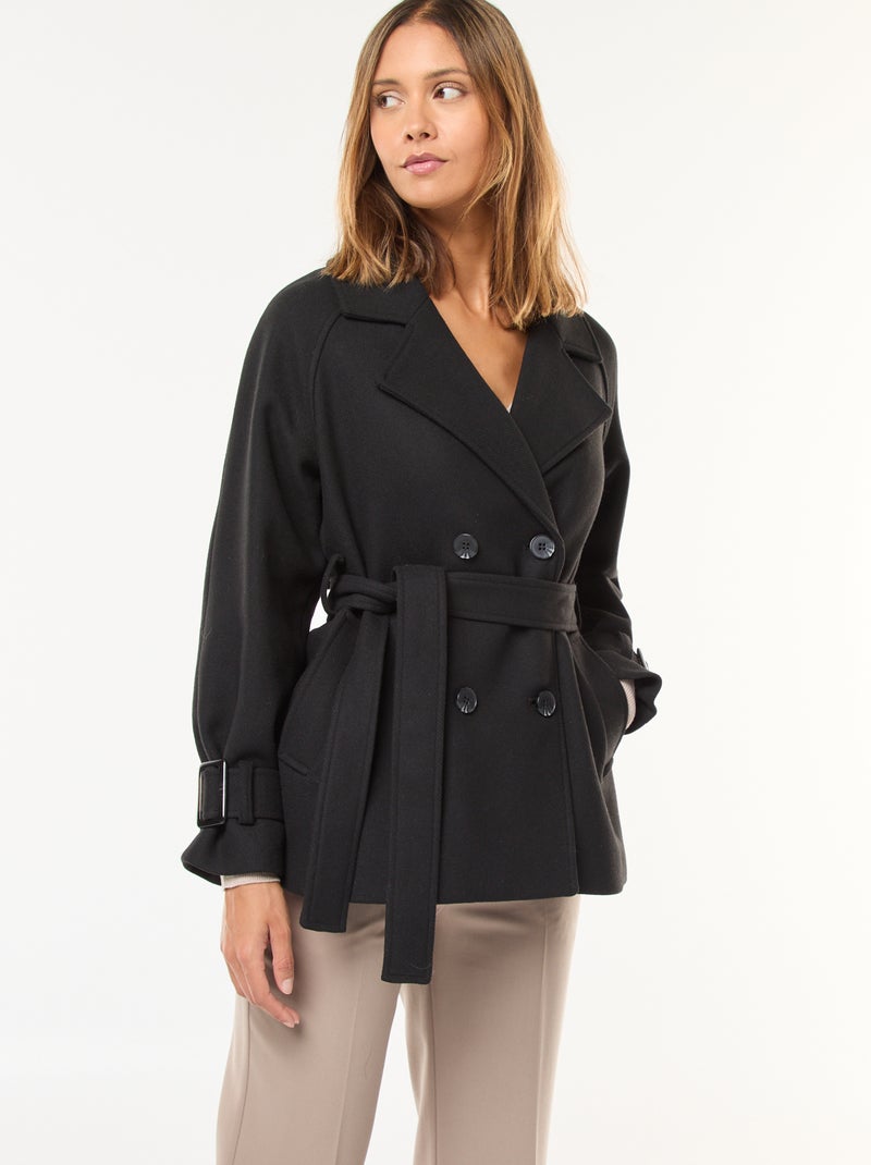 Trenchcoat met woleffect en ceintuur aan de taille zwart - Kiabi