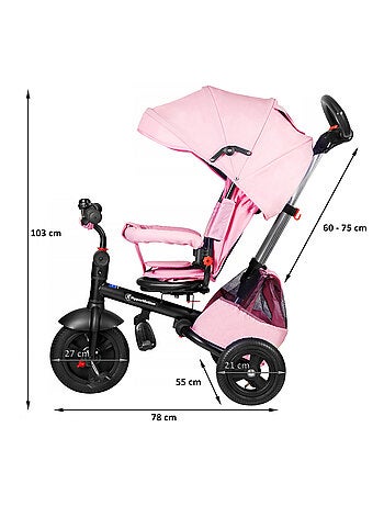 Tricycle enfant 1-5 ans max 25 kg, poussette habillage pluie, roues pompées, siège pivotant, pliante