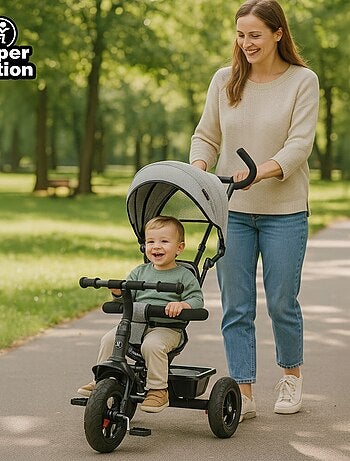 Tricycle evolutif bébé 1-4 ans, vélo enfant pliable, poignée confortable, poussoir, siège réversible