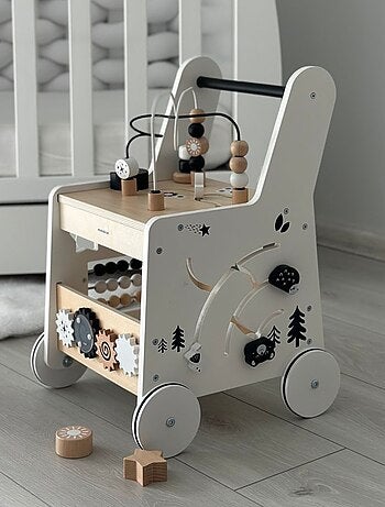 Trotteur bébé bois, table d'activité poignée confortable, roues antidérapantes