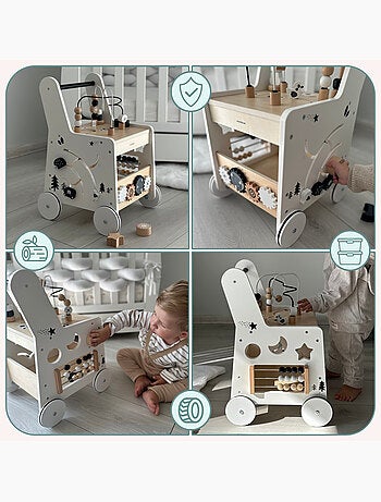 Trotteur bébé bois, table d'activité poignée confortable, roues antidérapantes