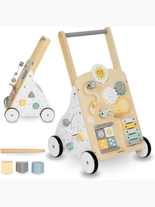 Trotteur éducatif bois avec tableau de manipulation, hauteur réglable 58-66cm - jouet d'éveil bébé - Kiabi