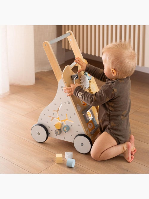 Trotteur éducatif bois avec tableau de manipulation, hauteur réglable 58-66cm - jouet d'éveil bébé - Kiabi
