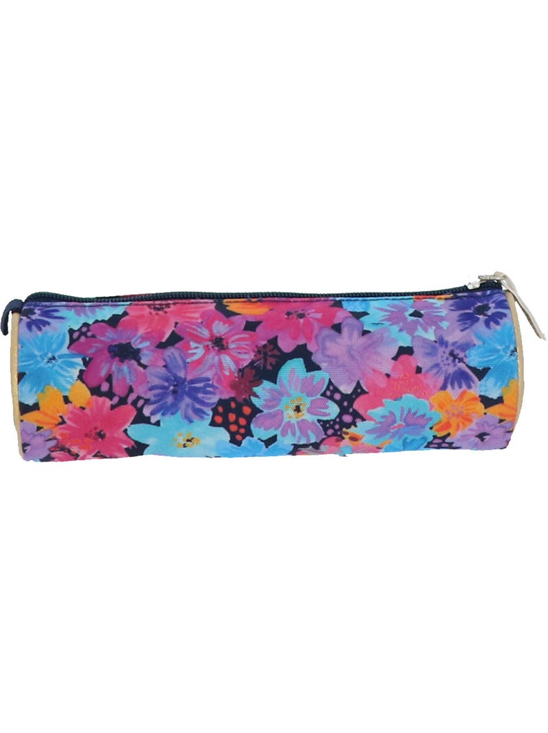 Trousse cylindrique textile imprimé floral Ettavee Bleu marine/Orange fluo - Kiabi
