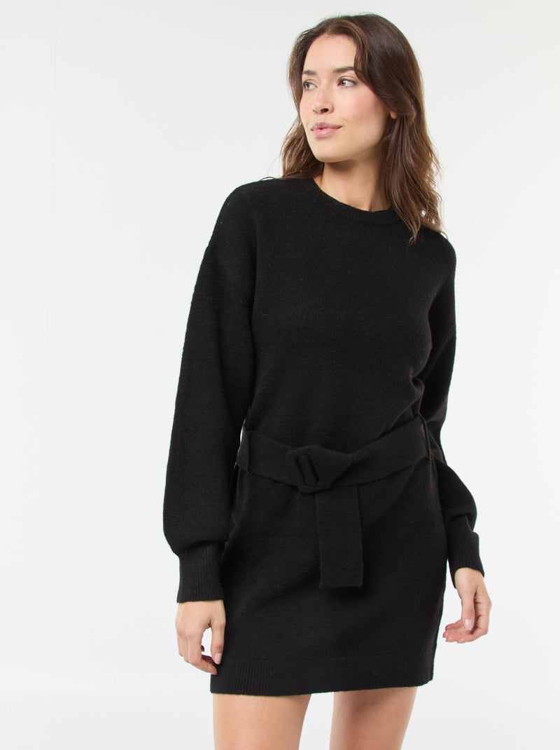 Trui-jurk met lange mouwen en ceintuur zwart - Kiabi