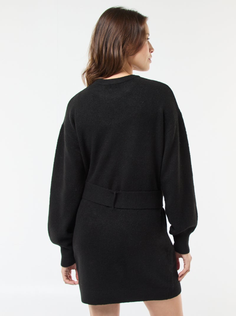 Trui-jurk met lange mouwen en ceintuur zwart - Kiabi