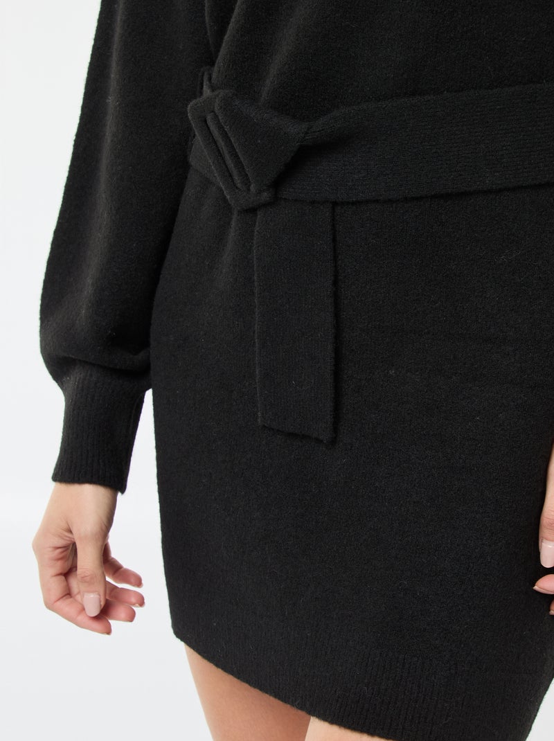 Trui-jurk met lange mouwen en ceintuur zwart - Kiabi