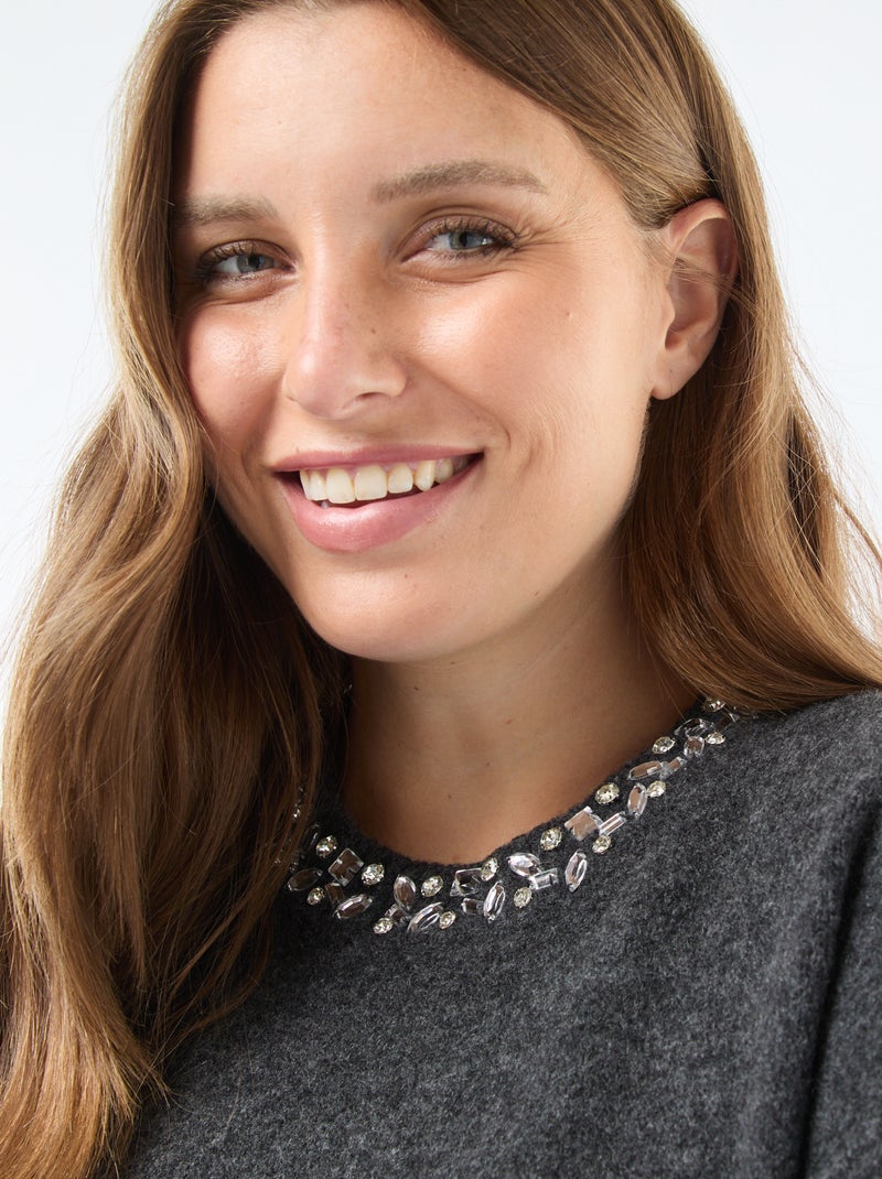 Trui-jurk van zwaar tricot met strassteentjes Grijs - Kiabi