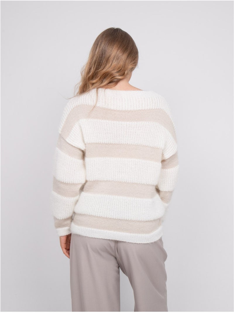 Trui met brede strepen van donzig breisel klodel Beige - Kiabi