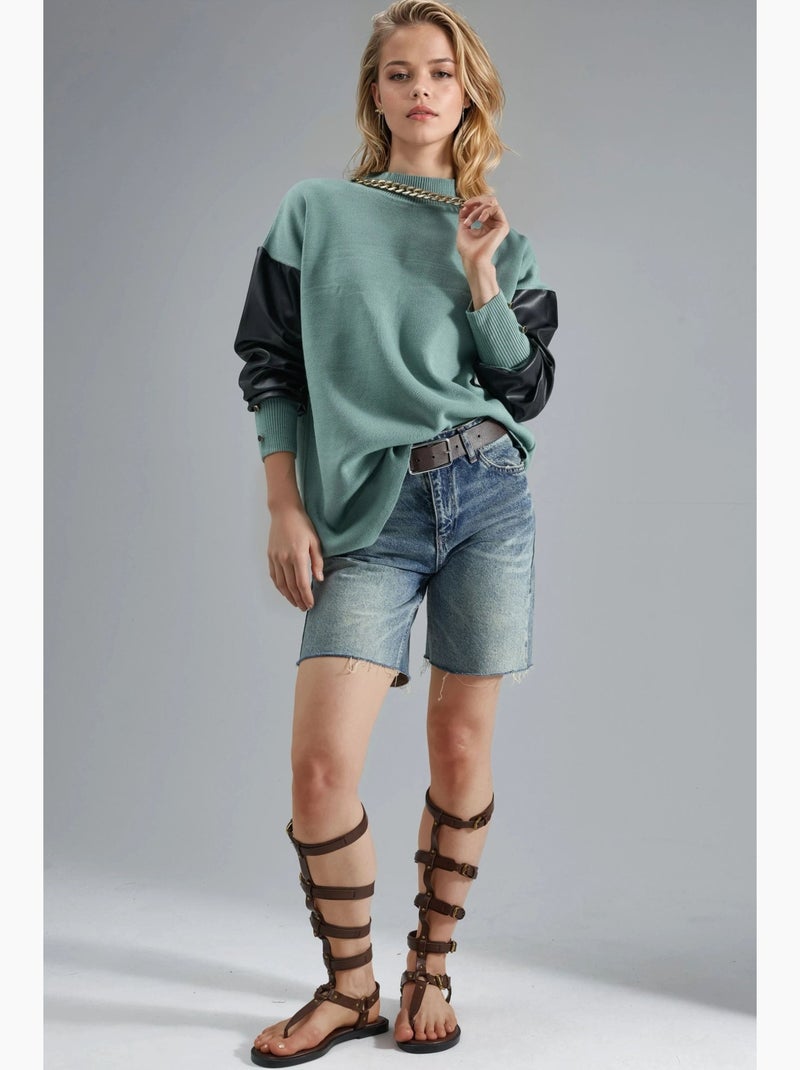 Trui met details van imitatieleer my fashion Pastelgroen - Kiabi