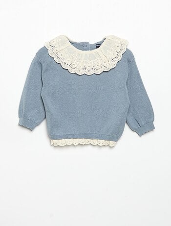 Trui met fantasiekraag van broderie anglaise