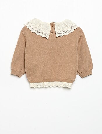 Trui met fantasiekraag van broderie anglaise