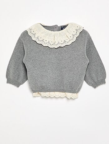 Trui met fantasiekraag van broderie anglaise