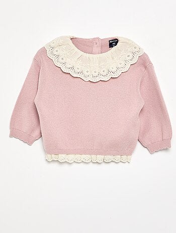 Trui met fantasiekraag van broderie anglaise