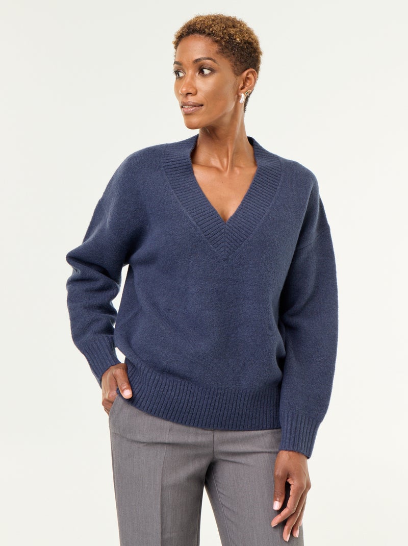 Trui met grote V-hals van geribde stof Blauw - Kiabi