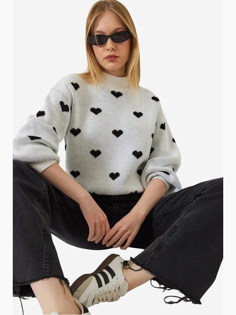 Trui met hartjespatroon, ronde hals en relaxed fit lucci Wit Zwart - Kiabi