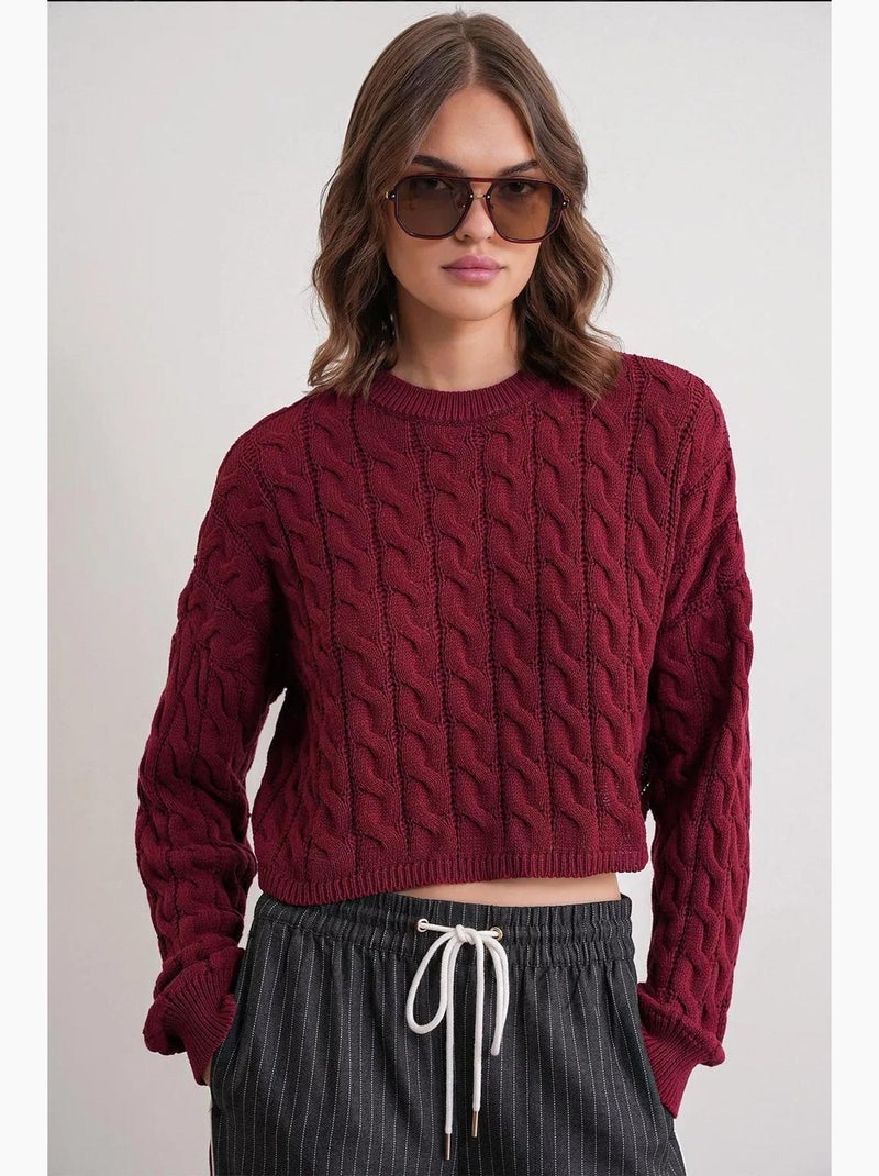 Trui met kabelbreipatroon en ronde hals mixray Bordeauxrood - Kiabi