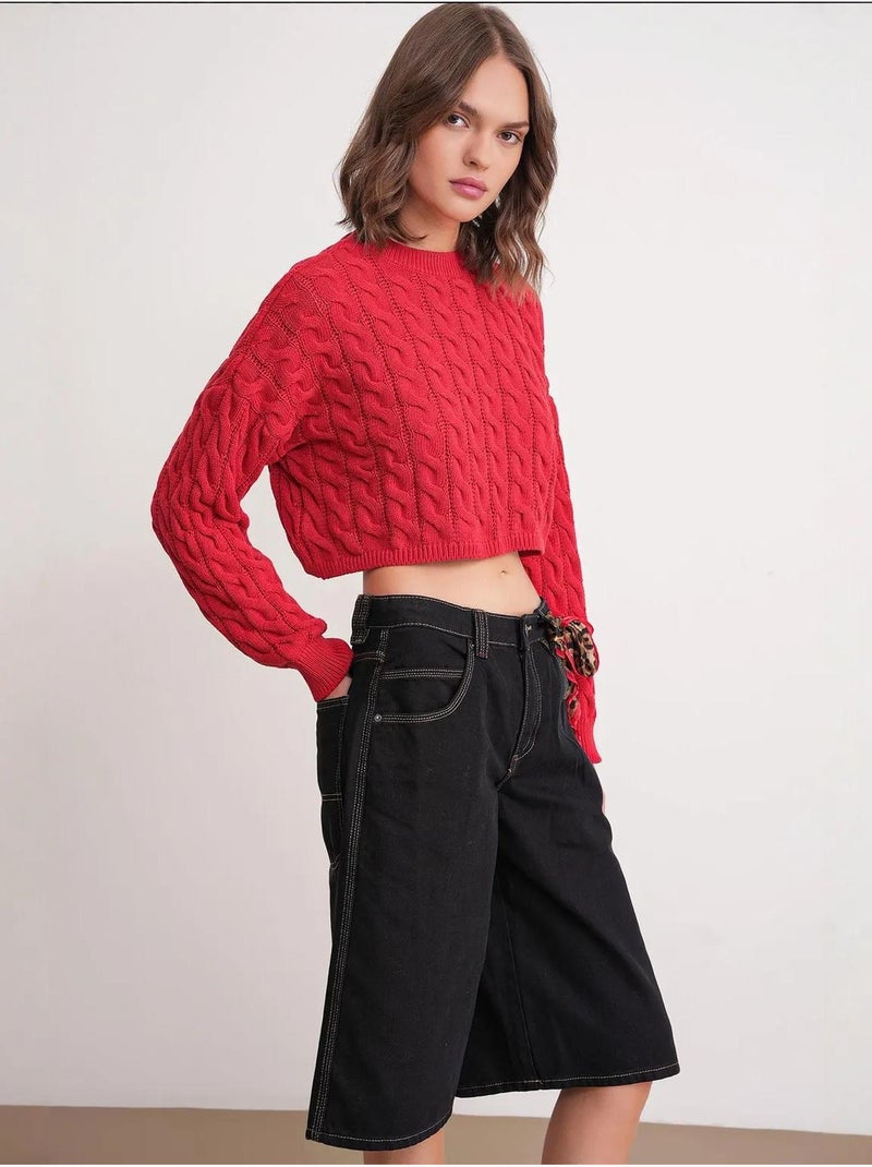 Trui met kabelbreipatroon en ronde hals mixray Rood - Kiabi