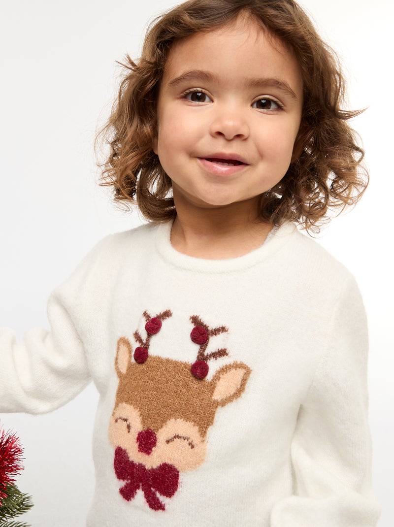 Witte trui met kerstprint paneel, lange mouwen, losse knoop