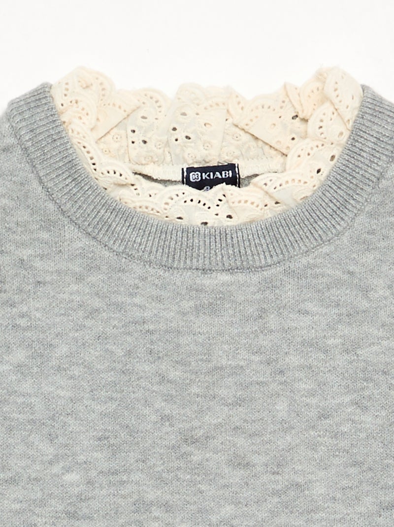 Trui met ronde hals en 2-in-1-effect van broderie anglaise Grijs - Kiabi