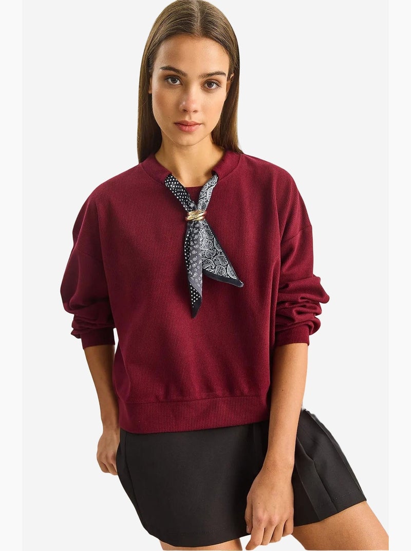 Trui met ronde hals en ribboord, inclusief sjaalaccessoire. Lucci Bordeauxrood - Kiabi