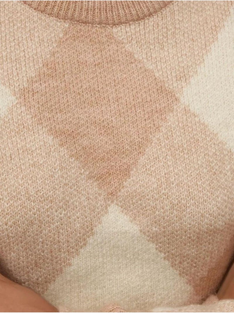 Trui met ronde hals en ruitmotief hiccup Camel - Kiabi