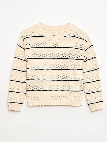 Trui met ronde hals van fantasiebreisel met opengewerkte katoenen motieven