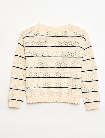 Trui met ronde hals van fantasiebreisel met opengewerkte katoenen motieven