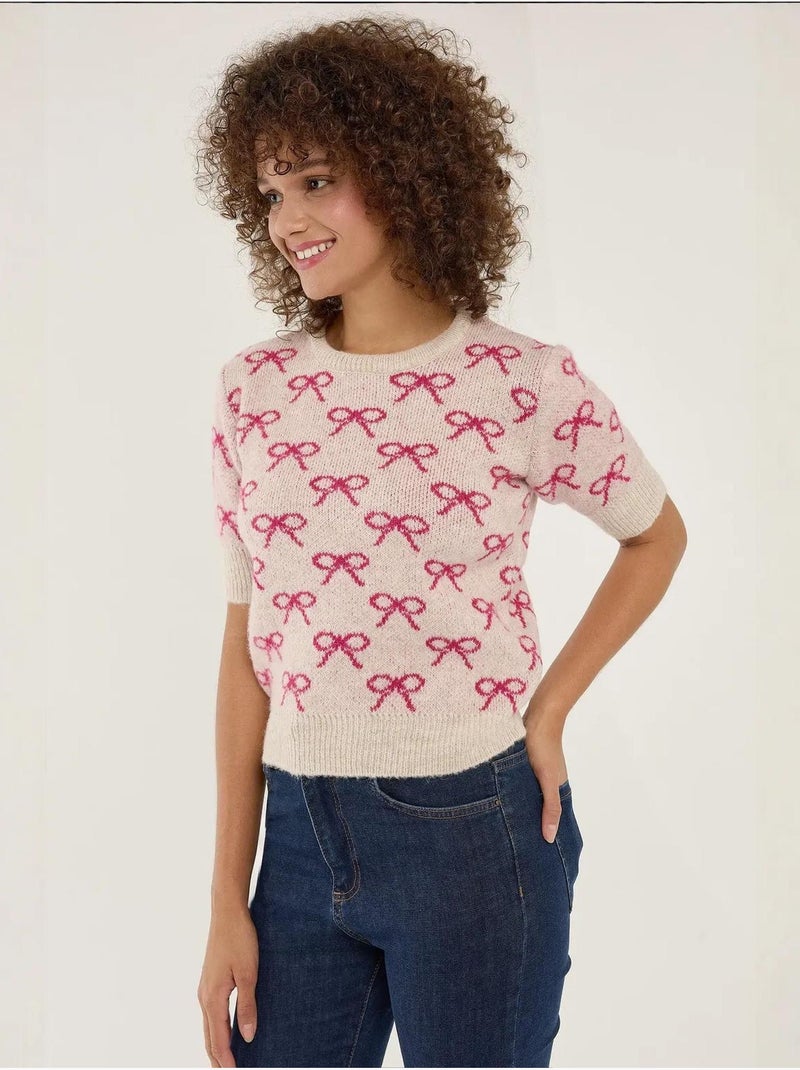 Trui met strikpatroon en korte mouwen Roze - Kiabi