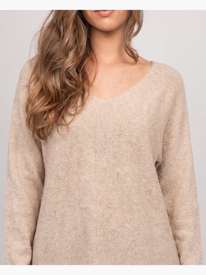 Trui met v-hals en glansdraad kassiane Beige - Kiabi