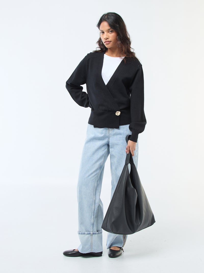 Trui met vesteffect en overslagmodel met goudkleurige knoop Zwart - Kiabi