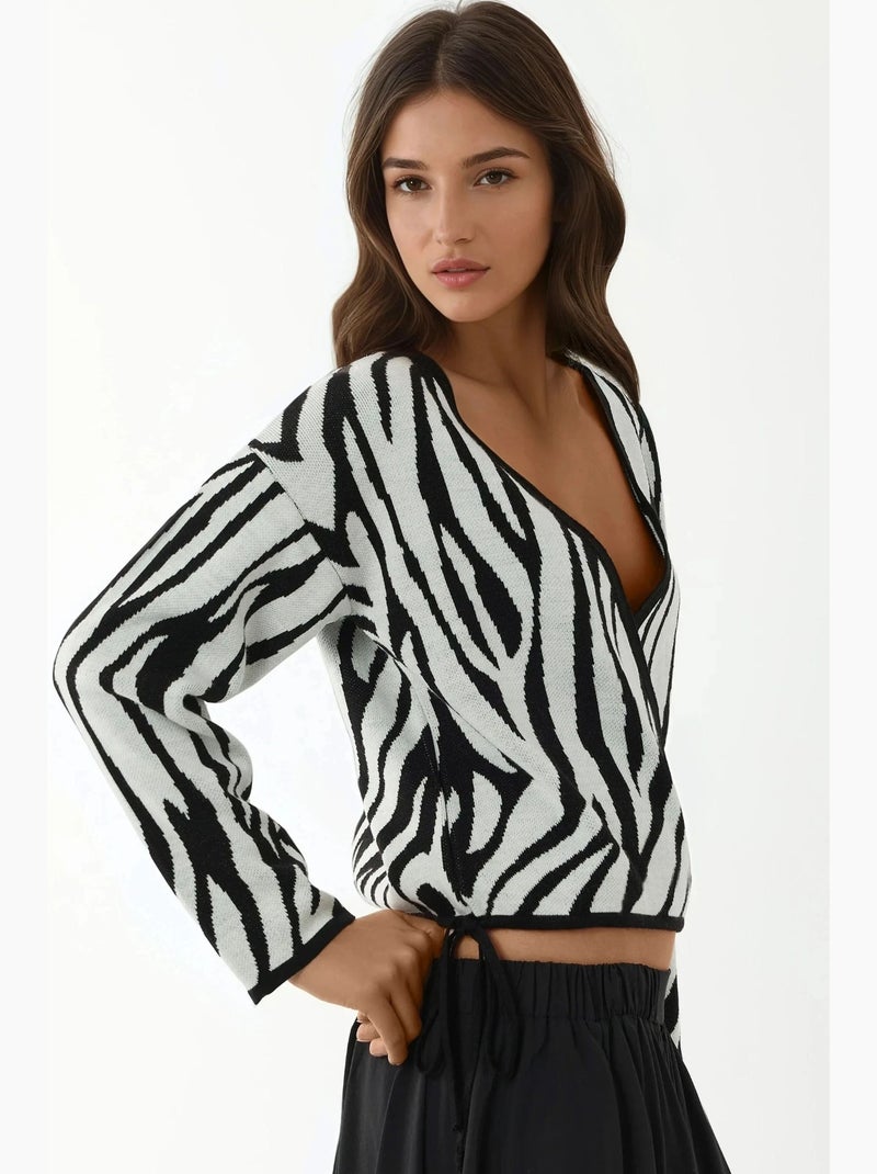 Trui met zebraprint en v-hals hiccup Wit Zwart - Kiabi