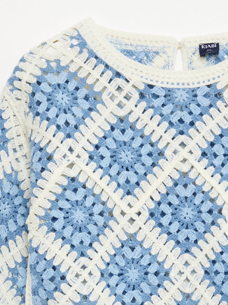 Trui van ajourtricot met bloemenborduursels Blauw - Kiabi