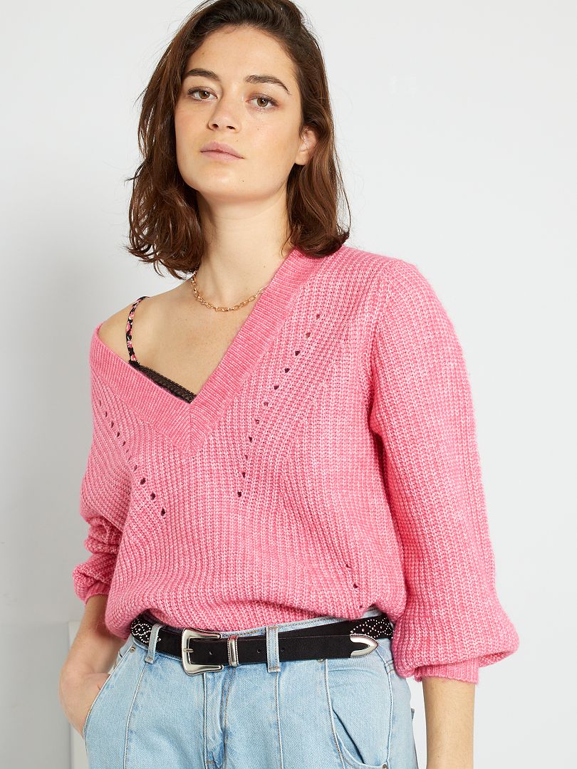Trui van tricot met V-hals roze - Kiabi