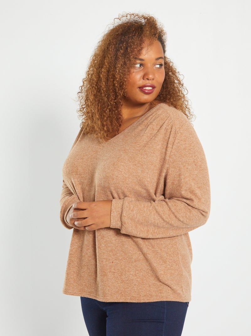 Trui van zacht tricot met V-hals BRUIN - Kiabi