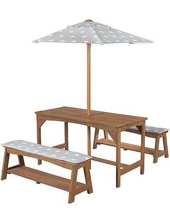 Tuintafel en bankjes voor kinderen met parasol en 2 kussens 'Roba outdoor+'
