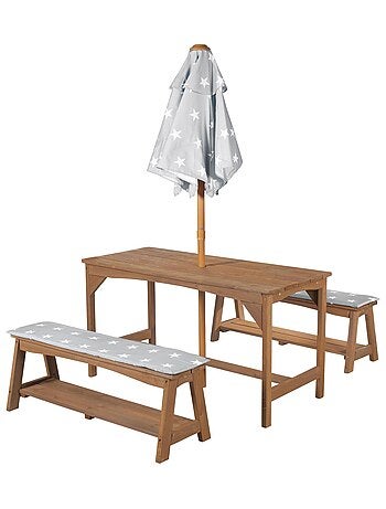 Tuintafel en bankjes voor kinderen met parasol en 2 kussens 'Roba outdoor+'