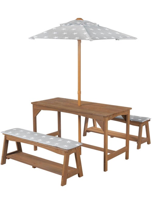 Tuintafel en bankjes voor kinderen met parasol en 2 kussens 'Roba outdoor+' - Kiabi