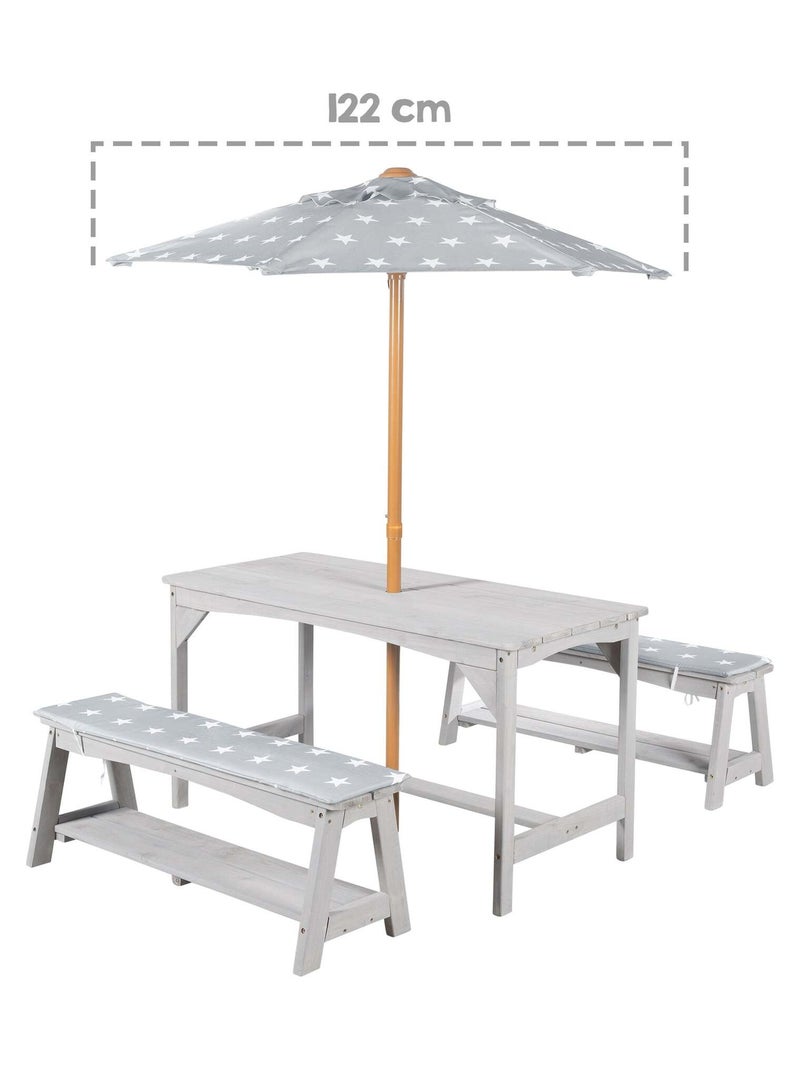 Tuintafel en bankjes voor kinderen met parasol en 2 kussens 'Roba outdoor+' Grijs - Kiabi