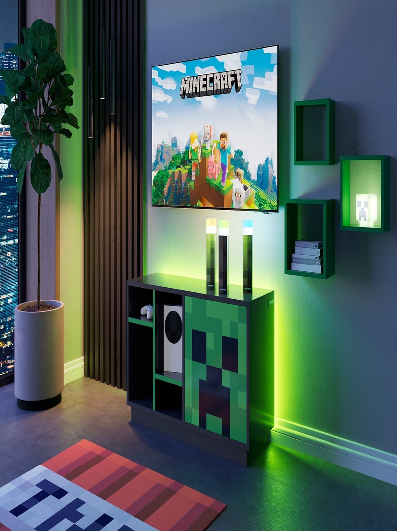 Tv-lowboard met LED en kabeldoorvoer - 4 vakken en deur 'Roba' - Minecraft Zwart Groen - Kiabi