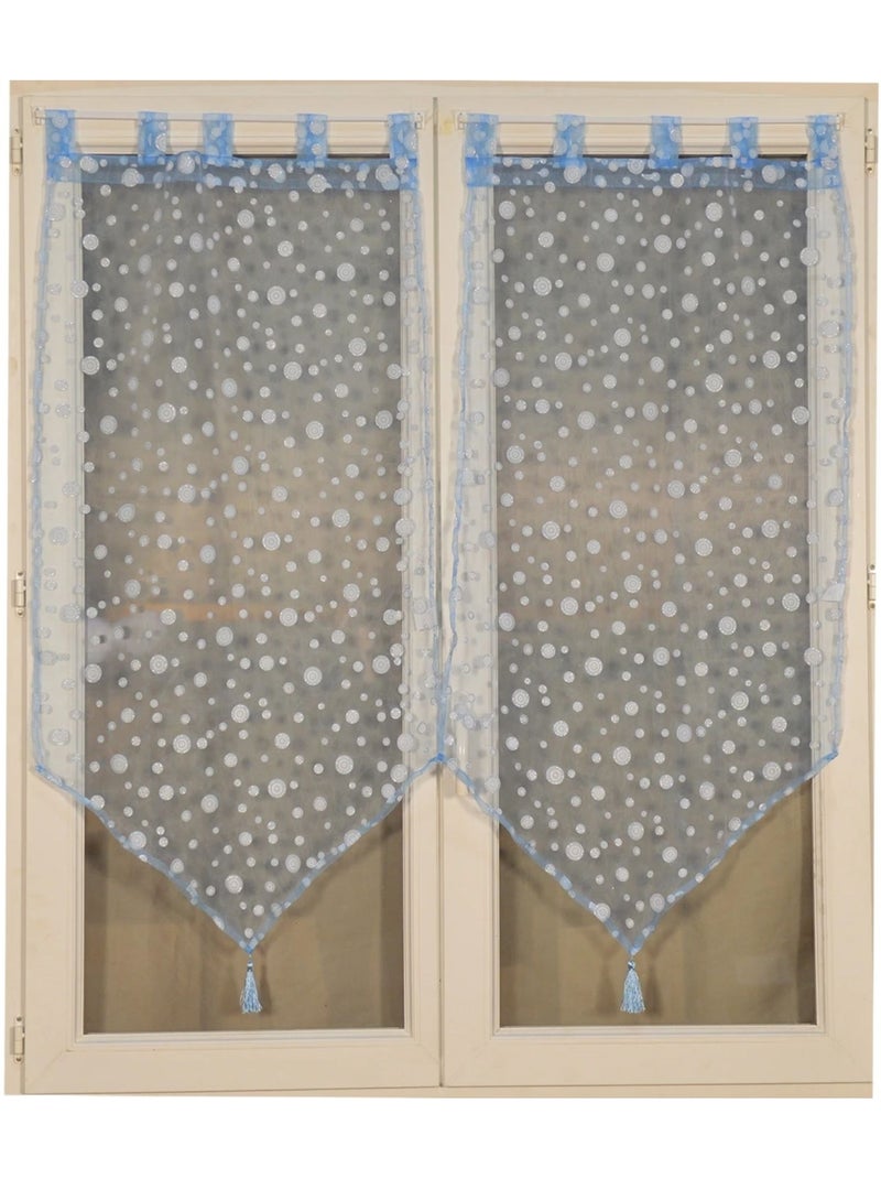 Twee kleine vitragegordijnen met een patroon van zilveren bubbels Blauw - Kiabi