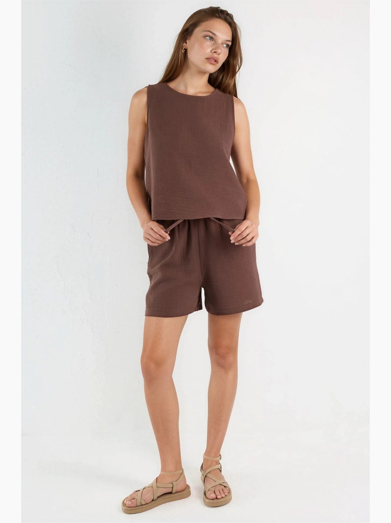 Tweedelig set met mouwloze mousseline top en short hiccup Chocoladebruin - Kiabi