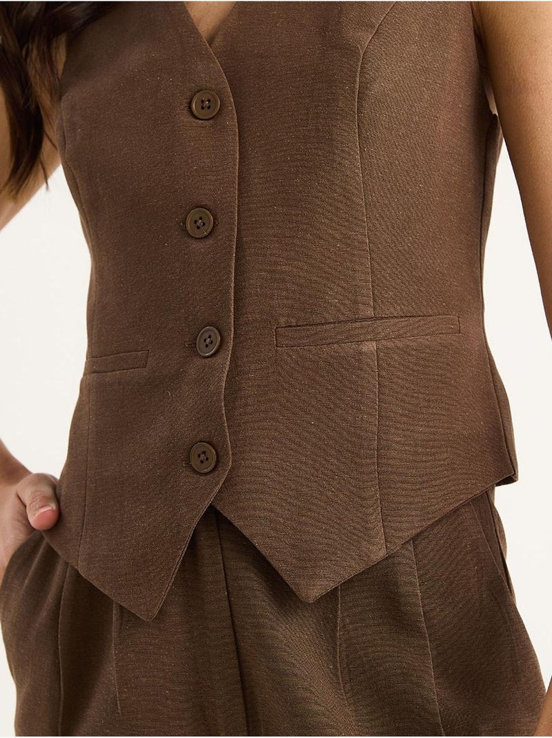 Tweedelige coord-set met v-hals gilet en broek met wijde pijpen lucci Bruin - Kiabi