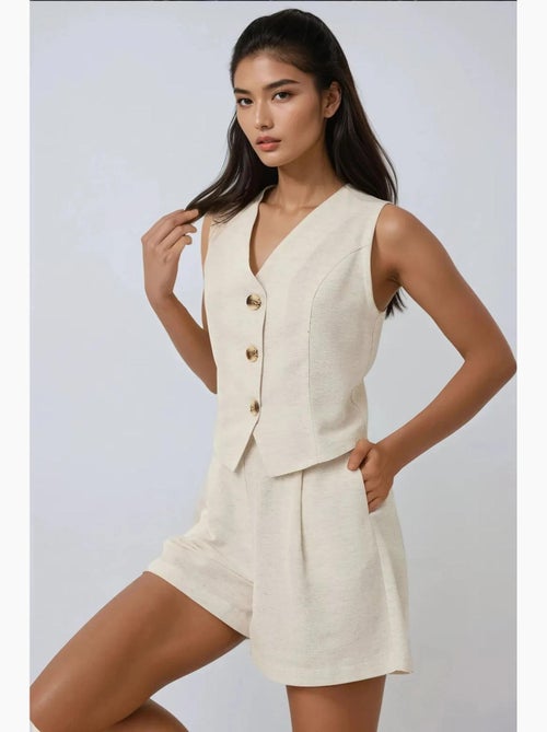 Tweedelige set met linnenlook v-hals gilet en short hiccup - Kiabi