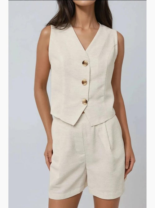 Tweedelige set met linnenlook v-hals gilet en short hiccup - Kiabi