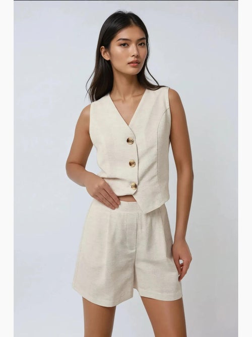 Tweedelige set met linnenlook v-hals gilet en short hiccup - Kiabi