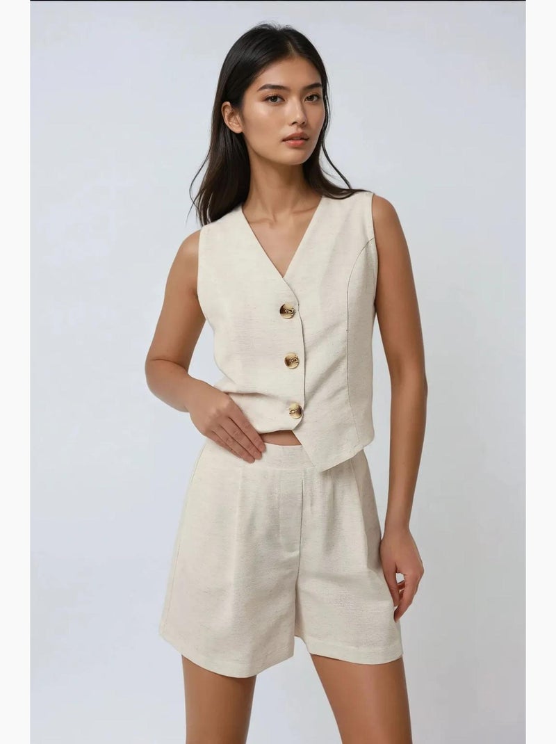 Tweedelige set met linnenlook v-hals gilet en short hiccup Ivoor - Kiabi