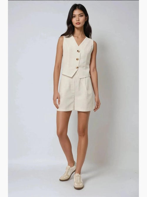Tweedelige set met linnenlook v-hals gilet en short hiccup - Kiabi