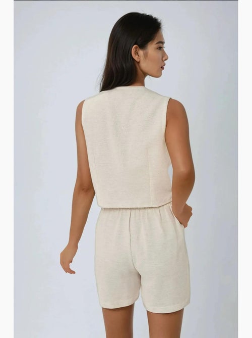 Tweedelige set met linnenlook v-hals gilet en short hiccup - Kiabi