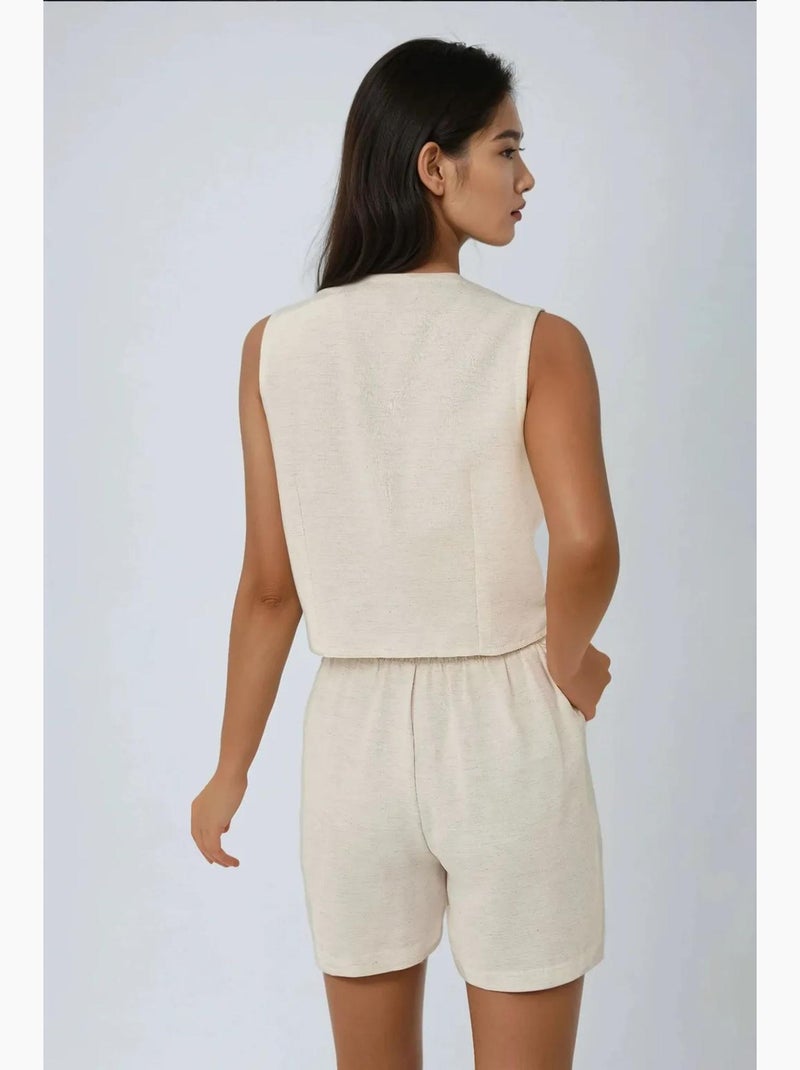Tweedelige set met linnenlook v-hals gilet en short hiccup Ivoor - Kiabi